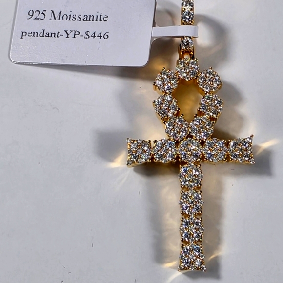 Stunning Real Gold Over 925 Sterling Silver Diamond Moissanite Ankh Pendant - Picture 3 of 7